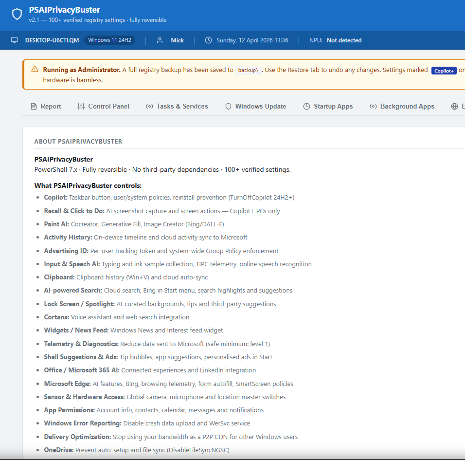 PSAIPrivacyBuster - Réduction de la collecte de données liées à l’IA et à la télémétrie sur Windows 11